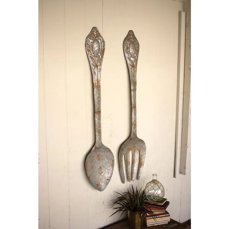 SET OF 2 LARGE METAL FORK AND SPOON WALL DECOR