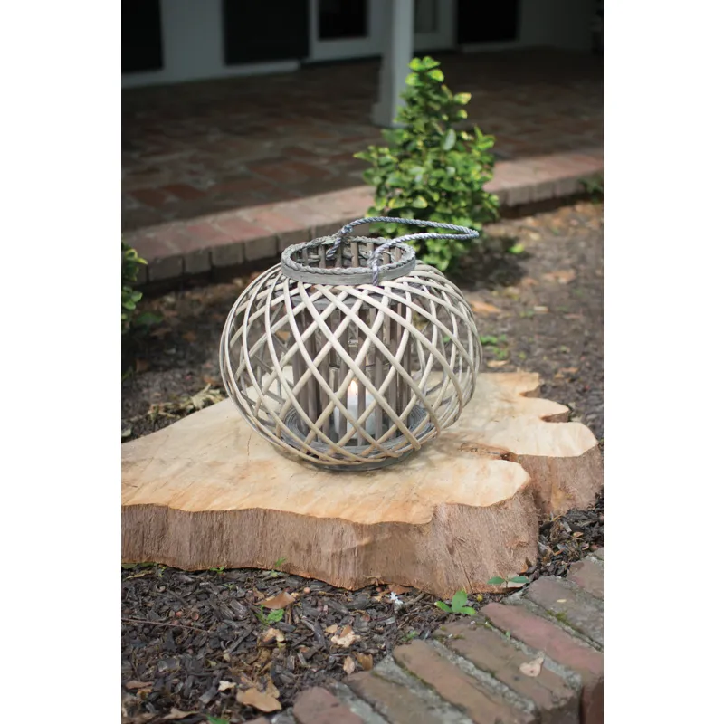 LOW ROUND GREY WILLOW LANTERN WITH GLASS - SMALL