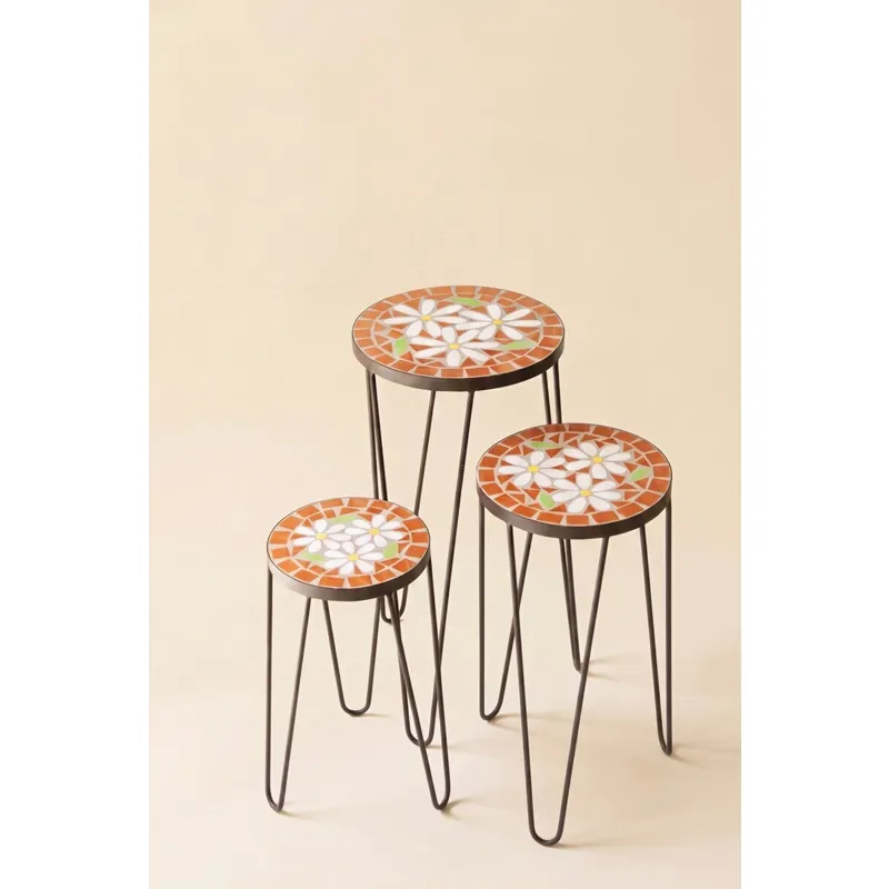 Set of 3 Nesting Mosaic Tile Tables with Metal Bases