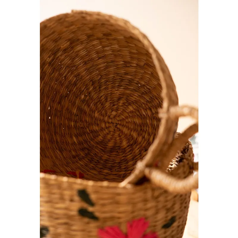 Set of 3 Seagrass Baskets with Embroidered Flowers