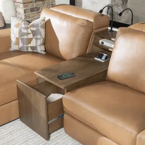 Sierra Verona Butternut Wood Console With Bookshelf, Storage Drawer, Wireless Charging Pucks, Power 
