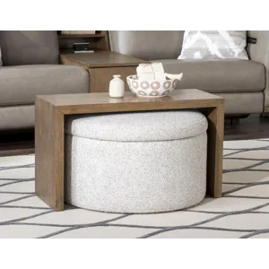 Serena Verona Fossil 30\" Round Castered Ottoman W/Wood Tray Overlay Shown In Sweater Weather