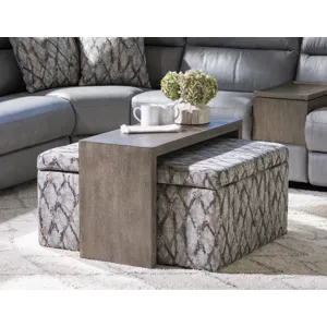 Malina Positano Storm Cloud Square Storage Ottoman W/Wood Top Overlay Shown In Twilight