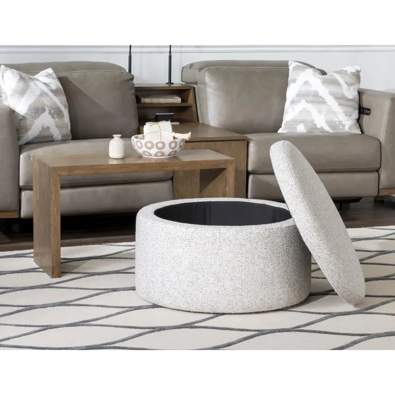 Serena Verona Fossil 30\" Round Castered Ottoman W/Wood Tray Overlay Shown In Sweater Weather