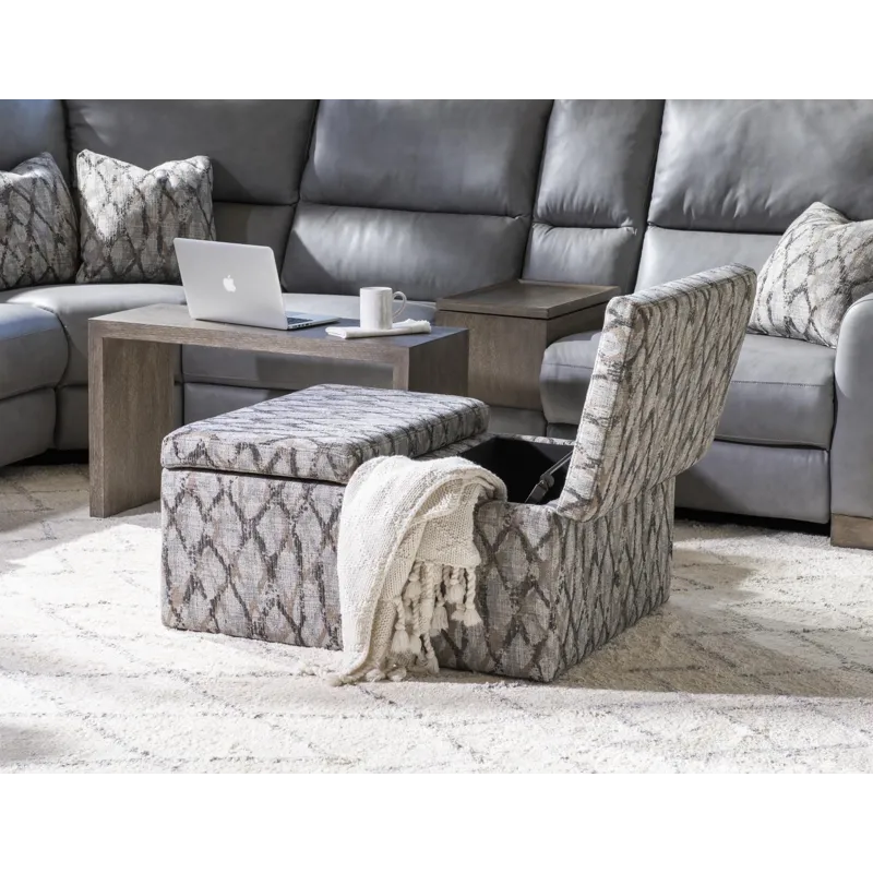 Malina Positano Storm Cloud Square Storage Ottoman W/Wood Top Overlay Shown In Twilight