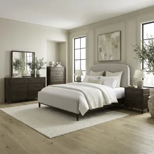 Wesley Hall Queen Uph Bed, Dresser & Mirror, Chest, Night Stand
