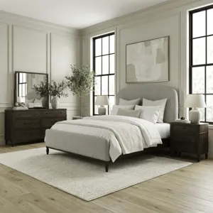 Wesley Hall Queen Uph Bed, Dresser & Mirror, Night Stand