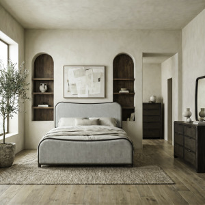 Skye View King California Uph Bed, Dresser & Mirror, Chest