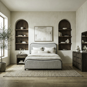 Skye View King California Uph Bed, Dresser & Mirror, Night Stand