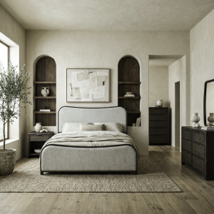 Skye View King Uph Bed, Dresser & Mirror, Chest, Night Stand