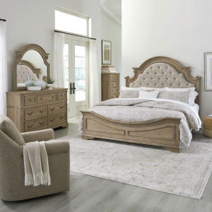Magnolia Manor King California Uph Bed, Dresser & Mirror, Chest