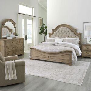 Magnolia Manor King California Uph Bed, Dresser & Mirror, Night Stand