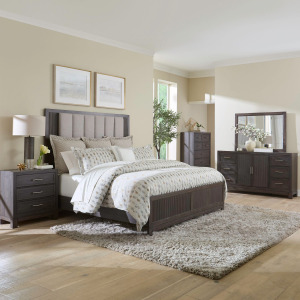 Modern Edge King California Uph Bed, Dresser & Mirror, Chest, Night Stand