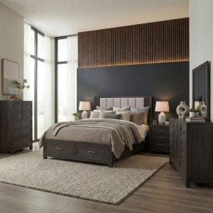 Modern Edge King Storage Bed, Dresser & Mirror, Chest, Night Stand