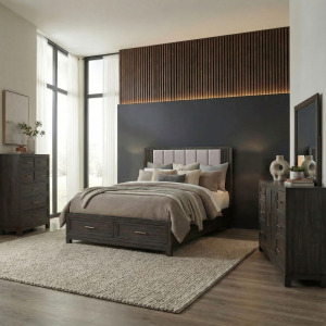 Modern Edge Queen Storage Bed, Dresser & Mirror, Chest