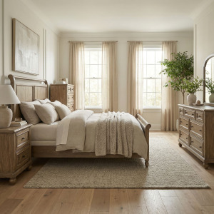 Homestead Haven Queen Sleigh Bed, Dresser & Mirror, Chest, Night Stand