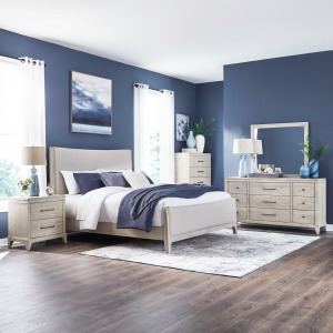 New Haven King Uph Bed, Dresser & Mirror, Chest, Night Stand