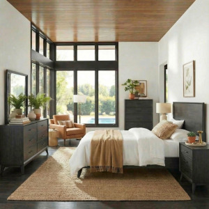 Century Modern Queen Platform Bed, Dresser & Mirror, Chest, Night Stand