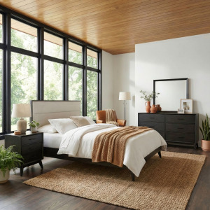 Century Modern Queen Uph Platform Bed, Dresser & Mirror, Night Stand