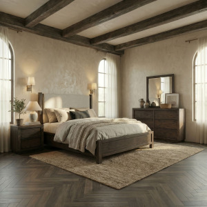 Stillwater King Uph Bed, Dresser & Mirror, Night Stand