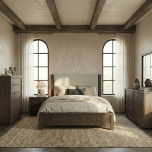 Stillwater Queen Uph Bed, Dresser & Mirror, Chest, Night Stand