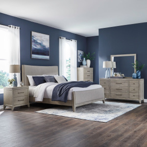 New Haven King California Uph Bed, Dresser & Mirror, Chest, Night Stand