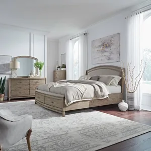 Avalon King California Uph Storage Bed, Dresser & Mirror, Chest