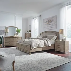 Avalon King California Uph Storage Bed, Dresser & Mirror, Chest, Night Stand