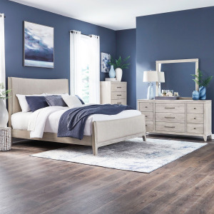 New Haven King Uph Bed, Dresser & Mirror, Chest