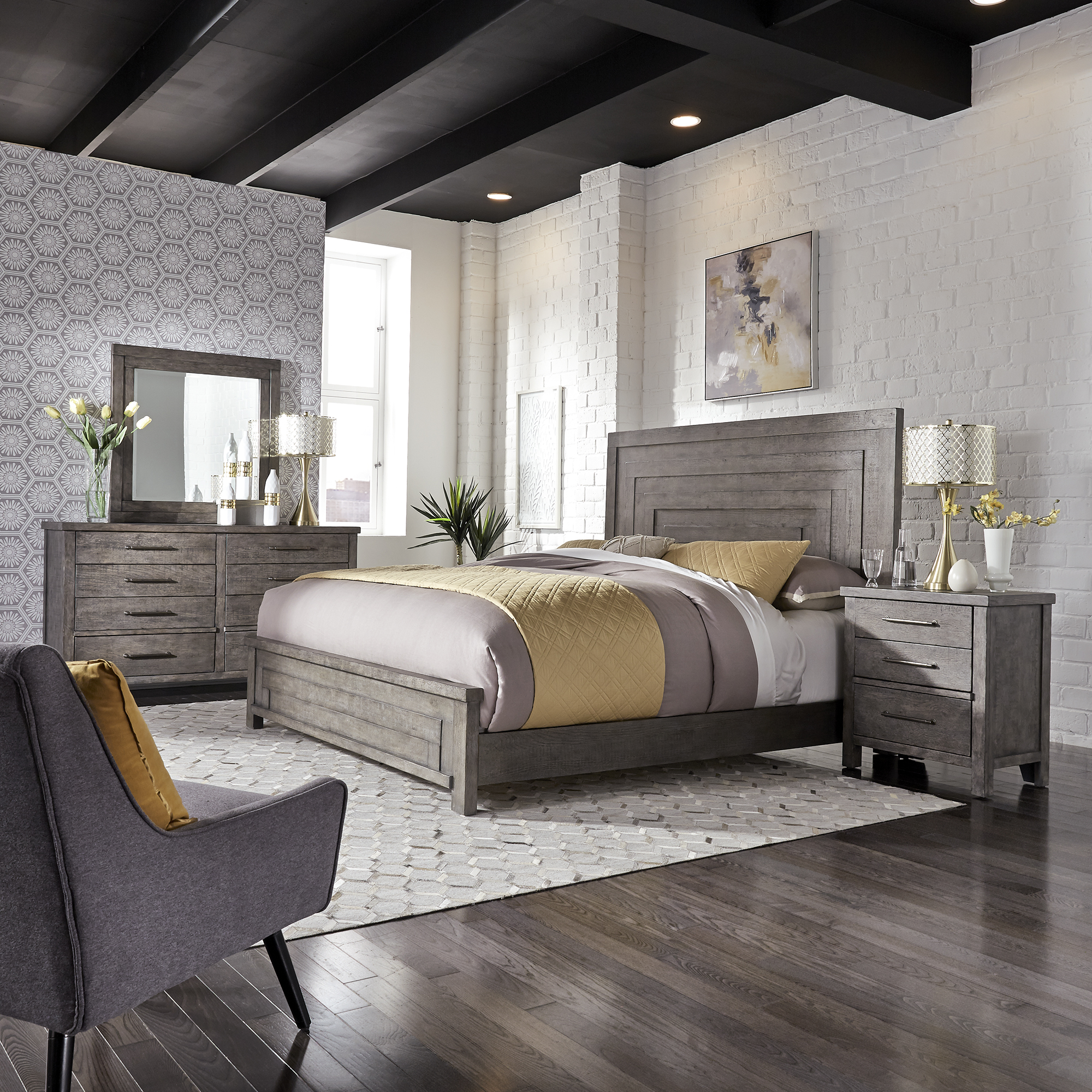 Modern Farmhouse King Panel Bed, Dresser & Mirror, Night Stand 406BR