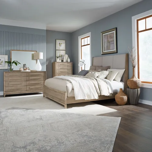 Brentwood King Uph Bed, Dresser & Mirror, Chest