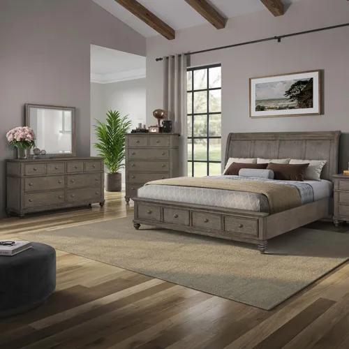 Twin Lakes King Storage Bed, Dresser & Mirror, Chest