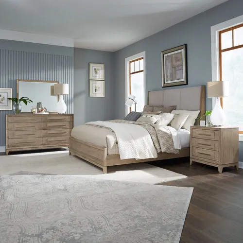 Brentwood King California Uph Bed, Dresser & Mirror, Night Stand