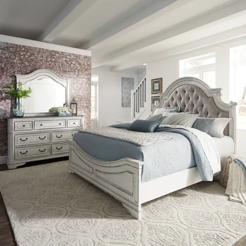 Magnolia Manor King California Upholstered Bed, Dresser & Mirror