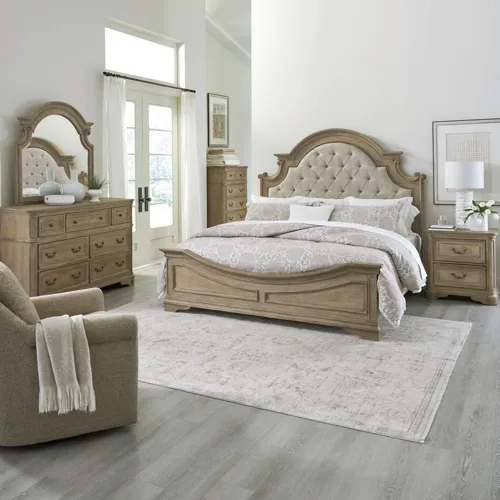 Magnolia Manor King California Uph Bed, Dresser & Mirror, Chest, Night Stand