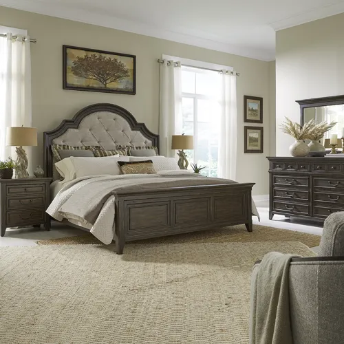 Paradise Valley King California Uph Bed, Dresser & Mirror, Night Stand