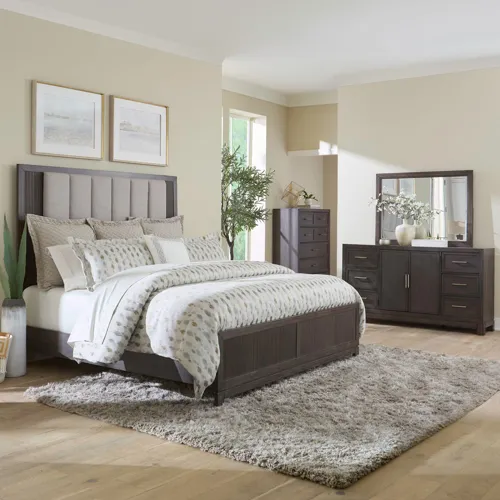 Modern Edge King California Uph Bed, Dresser & Mirror, Chest