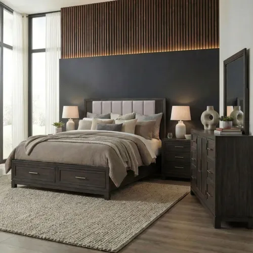 Modern Edge Queen Storage Bed, Dresser & Mirror, Night Stand