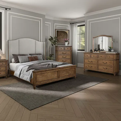 Harrison Heights King Shelter Bed, Dresser & Mirror, Chest