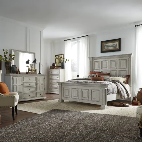 Big Valley King Panel Bed, Dresser & Mirror, Chest