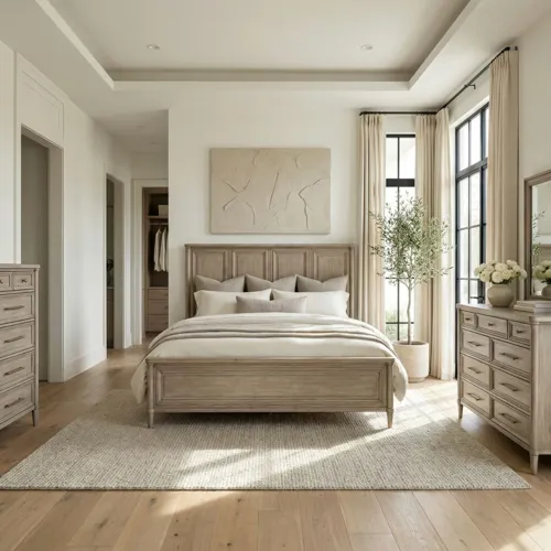 Rochelle Park King Panel Bed, Dresser & Mirror, Chest