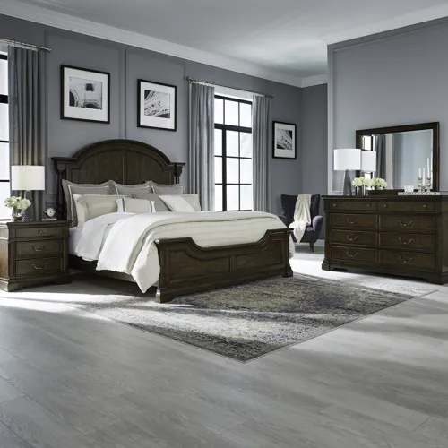 Arden Road King Poster Bed, Dresser & Mirror, Night Stand