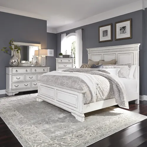 Abbey Park King California Panel Bed, Dresser & Mirror, Chest