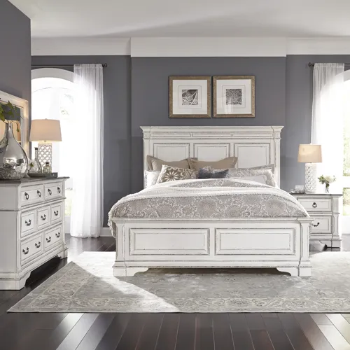 Abbey Park King Panel Bed, Dresser & Mirror, Night Stand
