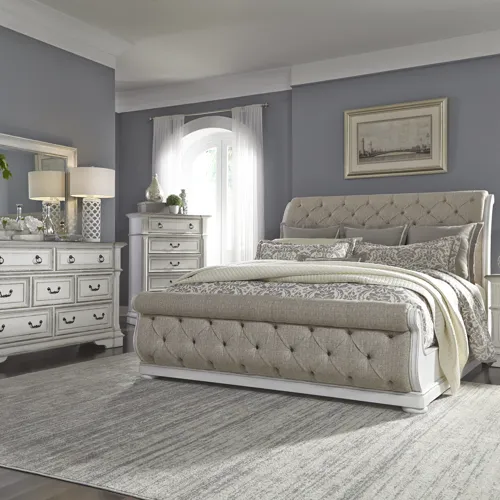 Abbey Park King Uph Sleigh Bed, Dresser & Mirror, Chest