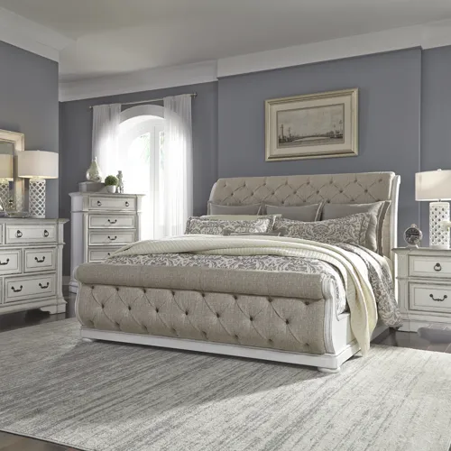 Abbey Park King Uph Sleigh Bed, Dresser & Mirror, Chest, Night Stand