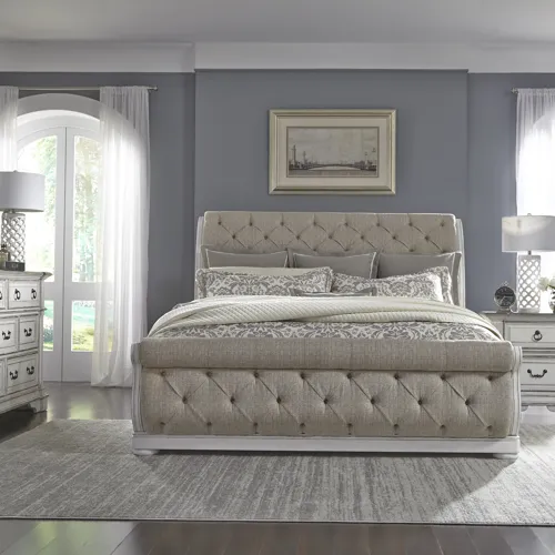 Abbey Park King Uph Sleigh Bed, Dresser & Mirror, Night Stand