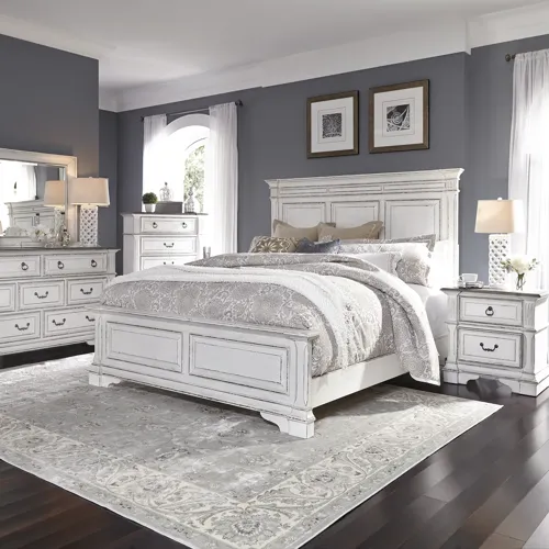 Abbey Park Queen Panel Bed, Dresser & Mirror, Chest, Night Stand