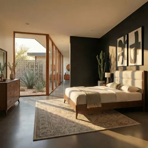 Century Modern King Uph Platform Bed, Dresser & Mirror