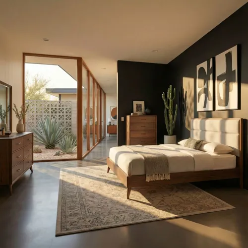 Century Modern King Uph Platform Bed, Dresser & Mirror, Chest